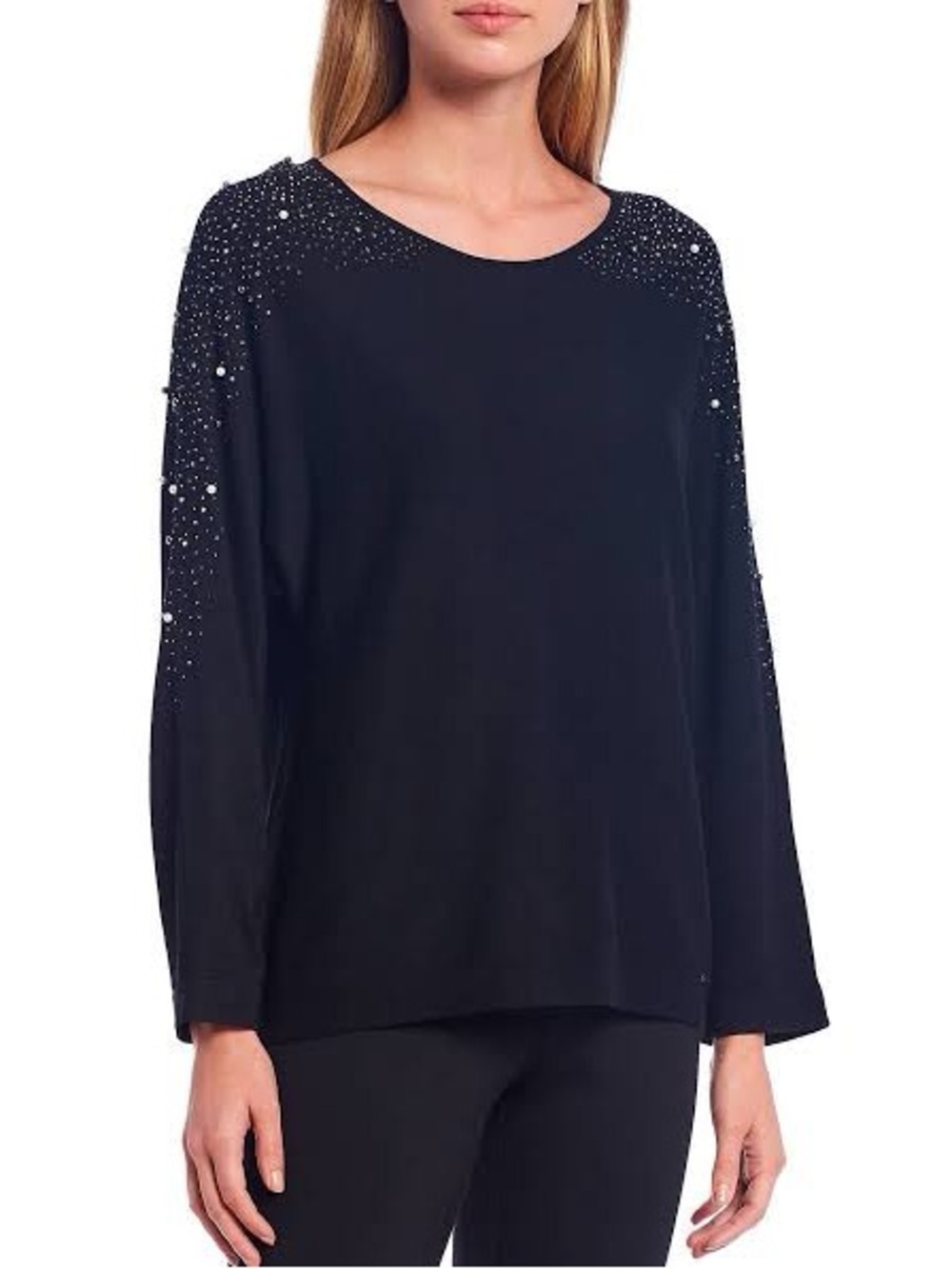 Calvin Klein Black Rhinestone & Pearl Embellished Dolman Sweater - Size L
